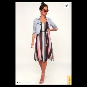 NWT Erina Mauve Multi Stripe Belted Midi Slip Dress